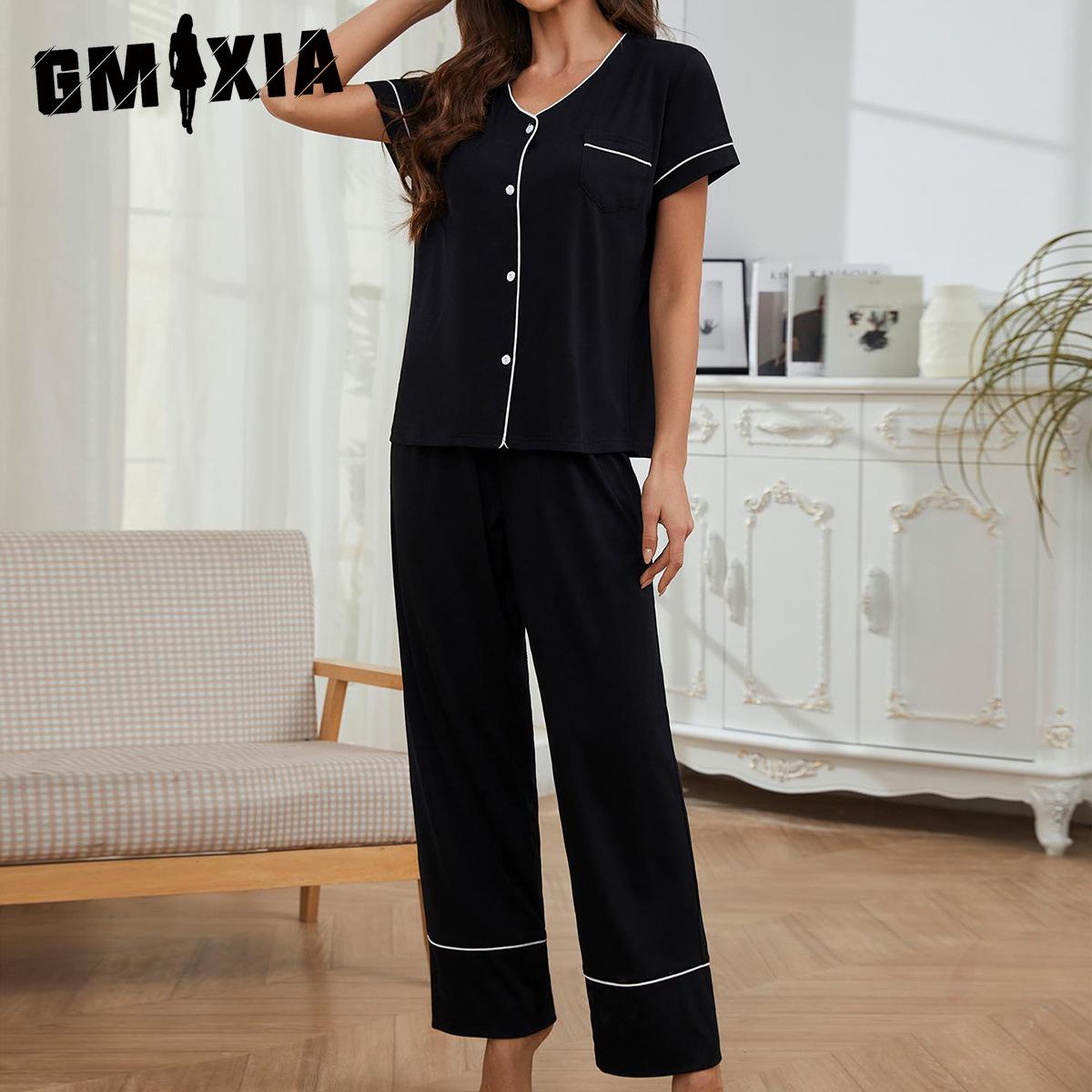

GMXIA Large Size Pajamas Women Spring and Autumn Models Plus Size Cardigan Short-sleeved Trousers Two-piece Homewear XXXXXL чёрный