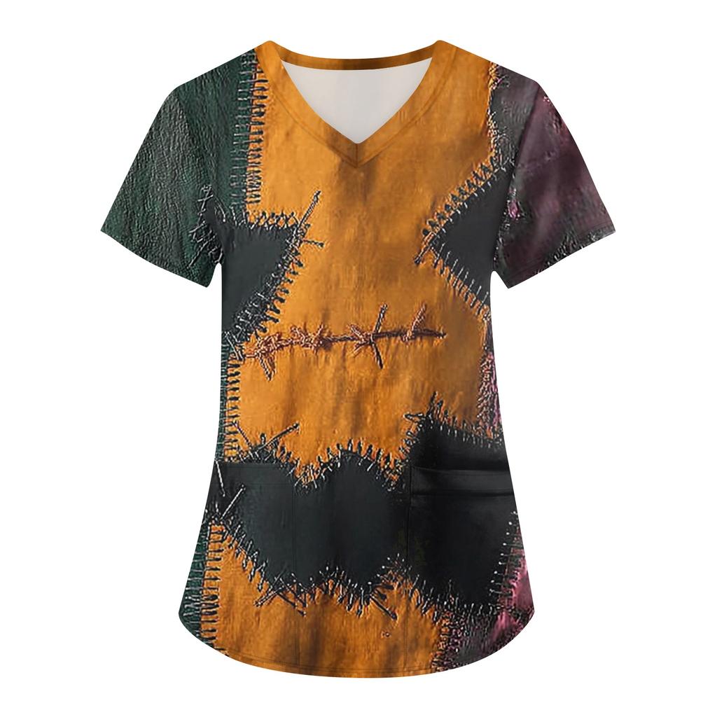 Women's Printing Uniform Work Uniform V-neck Pockets Basic Short Sleeve Pullover Top
