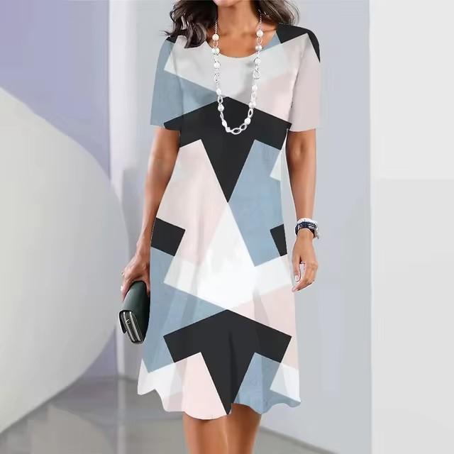 Women Round Neck Short Sleeve 3d Print T-shirt Dress Midi Length Summer Beach Wear