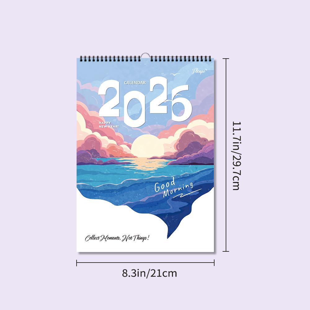 

1 шт., 2026 Настенный календарь с акварельными пейзажами, 12 разных дизайнов, Настенный календарь, Подарок на день рождения, Рождество, Новый год