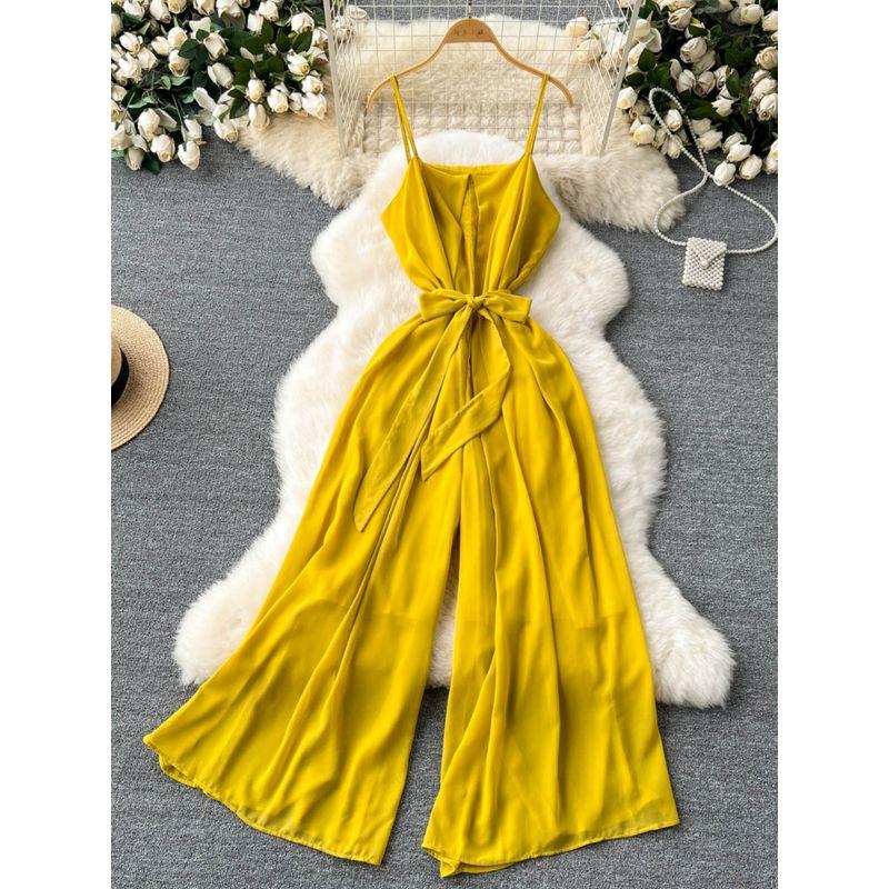 Holiday Wear Chic Summer New Design Sense Lace-up Waist-Controlled Youthful-Looking Loose Wide Leg Leisure Suspender Jumpsuit