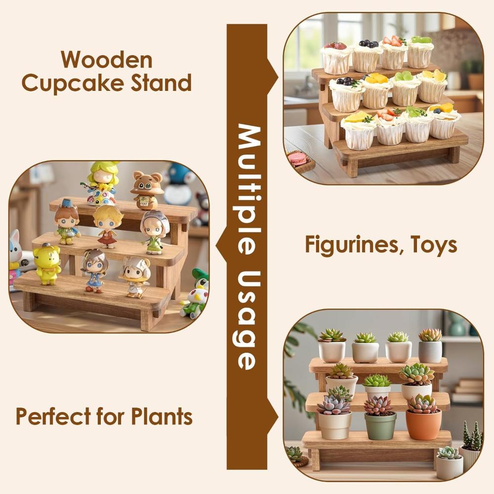 3 Tier Wood Display Riser Dessert Cupcake Display Earring & Ring Holder Stands Figurines Organizer Showcase Rack Perfume Stand