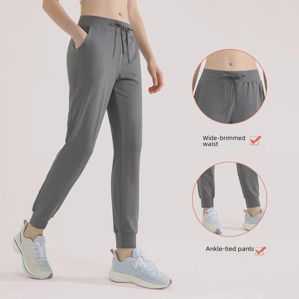 Women's Green Drawstring Quick-Dry Sports Pants: Lightweight, High-End, Straight-Leg Design for Summer.