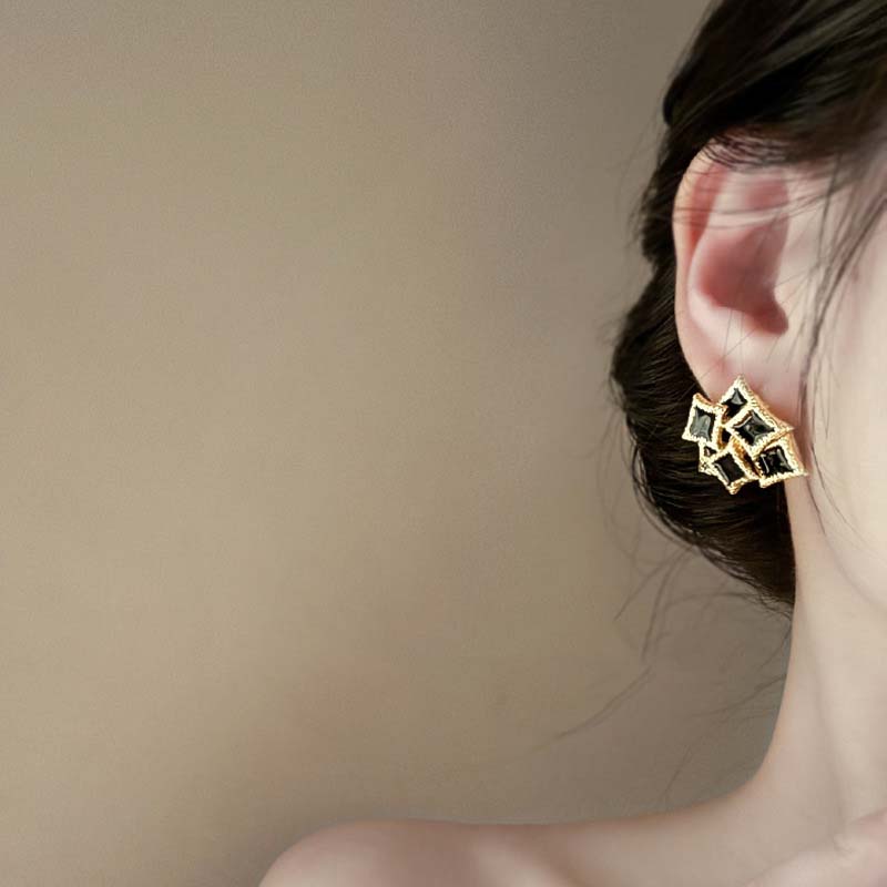 Vintage Black Drip oil Double Layer Square Stud Earrings For Women Fashion Metal Irregular Geometric Earring Zircon Accessories