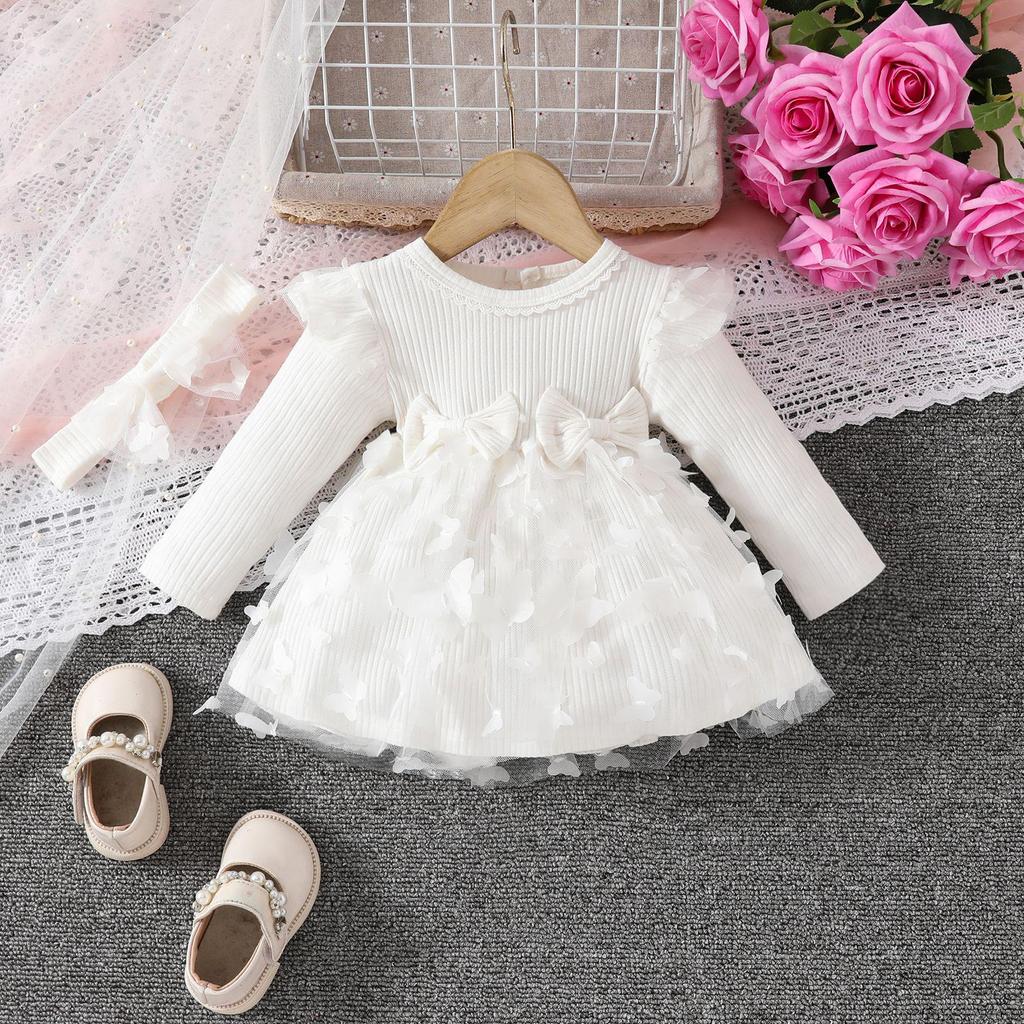 Infant Girls' Butterfly Mesh Dress with Headband and Long Sleeve Ribbed Jumpsuit