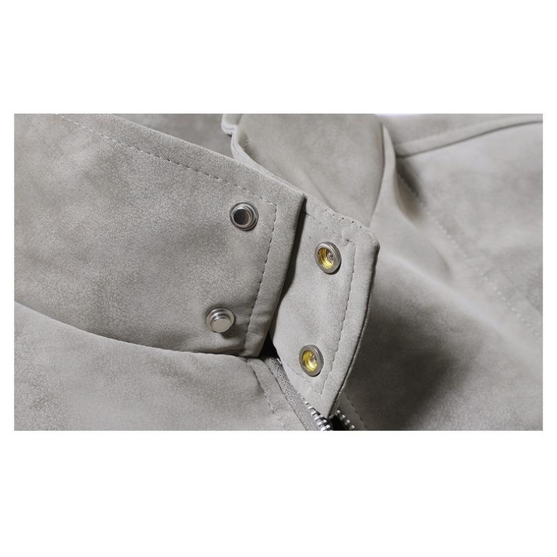 Men's Light Gray Suede Bomber Jacket, Stand Collar Casual Coat with Zipper Pockets, Retro Streetwear Style for Daily Wear