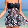 2Pcs/Set Women Summer Swimsuit Set Adjustable Straps Print Mesh Hem Bandeau Tops High Waist Swim Shorts Set