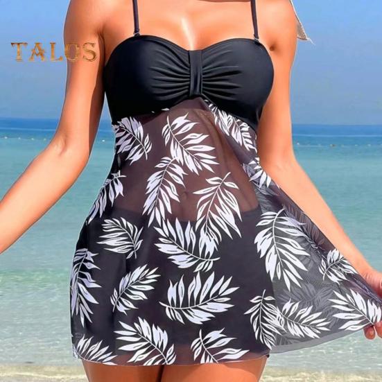 2Pcs/Set Women Summer Swimsuit Set Adjustable Straps Print Mesh Hem Bandeau Tops High Waist Swim Shorts Set