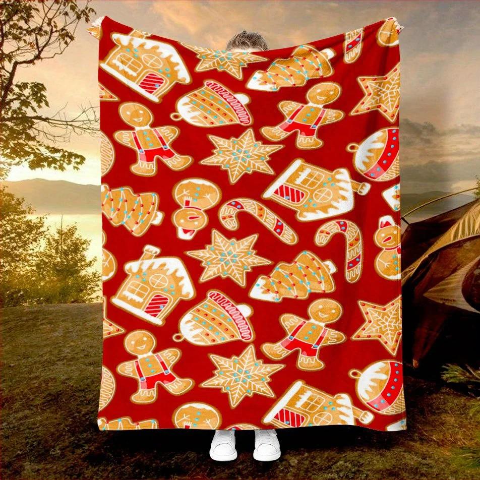 

Gingerbread Christmas Blanket Holiday Theme Red Background Soft Fleece Throw Home Decor Gift Idea Festive Design Cozy Warmth 70x100CM