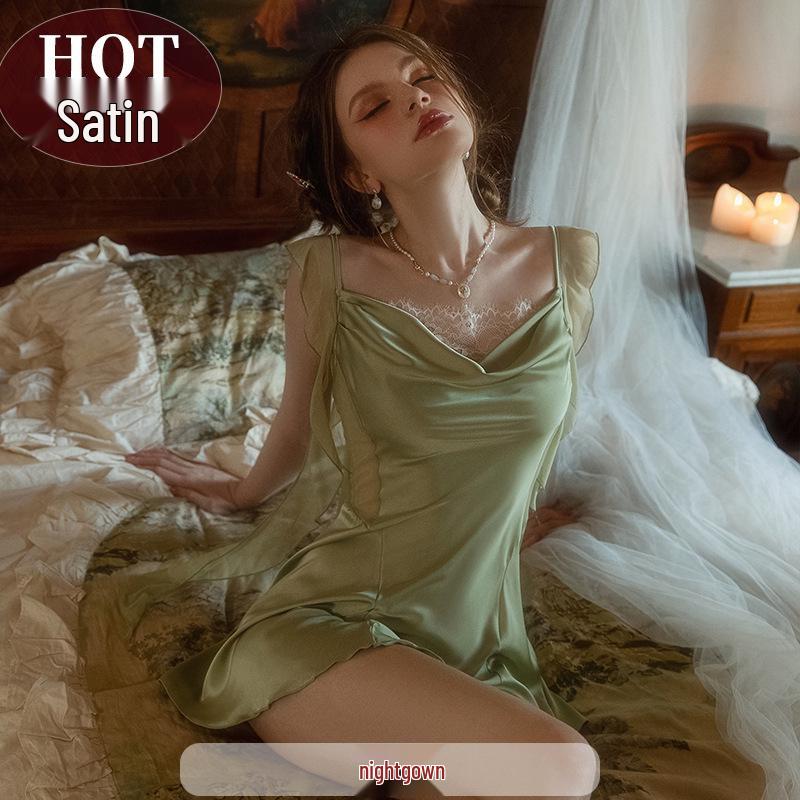 

Элегантная женская пижама из ледяного шелка: Расклешенный воротник, прозрачная сетка, роскошная ночная рубашка на подтяжках с халатом для верхней одежды XXL (recommended for 140-155 jin)