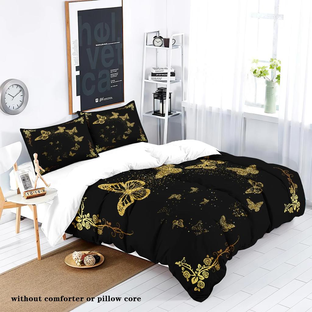3-Piece Set Of Golden Butterfly Printed Down Duvet Covers (1 Down Duvet Cover+2 Pillowcases No Core) Soft Bedding Set