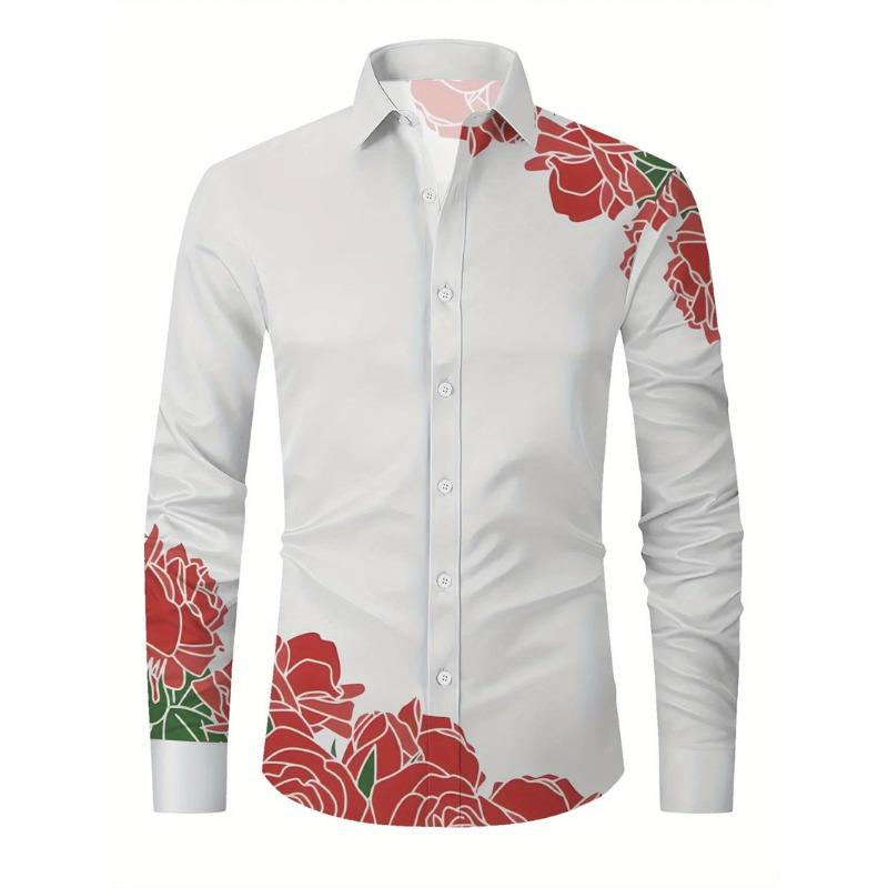 Men's Button Down Casual Shirt with Spring and Summer Floral Print Long Sleeved Shirt for Daily Fashion and Comfort
