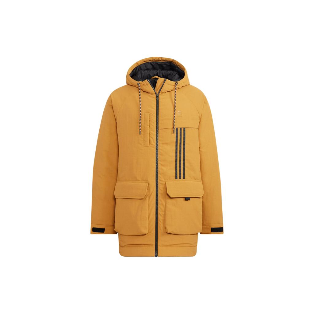 Adidas Neo Jednobarevná s logem a třemi pruhy Pánská/Dámská prošívaná péřová bunda s kapucí Hnědá HN4761