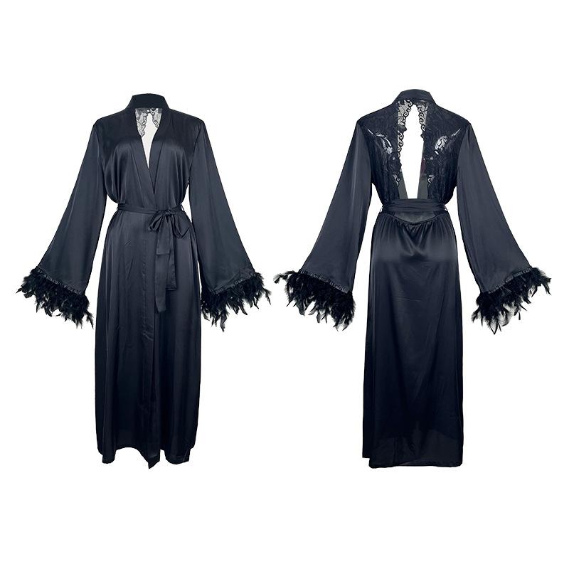 Light luxury Mao Mao decorative loose satin nightgown long lace-up V-neck bathrobe women's homewear 809