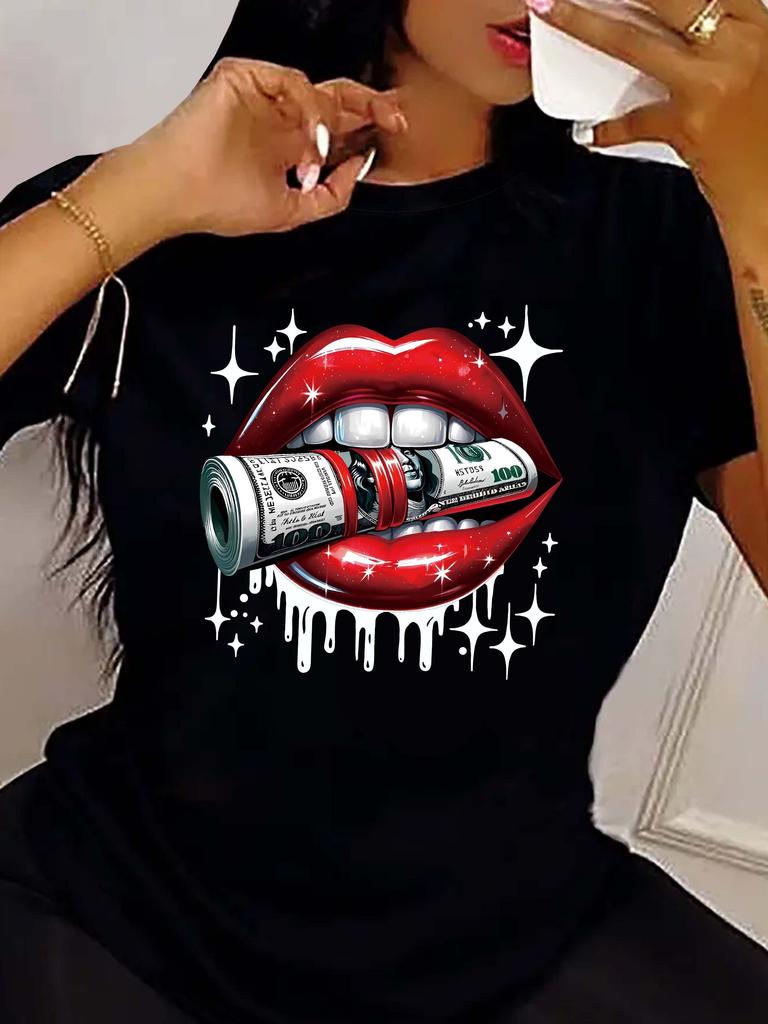 Money Lips Drip Star Sparkle Graphic T-shirt
