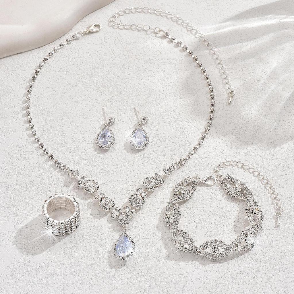 Bridal Jewelry Set: Rhinestone Zircon Teardrop Necklace, Earrings, Bracelet, Ring