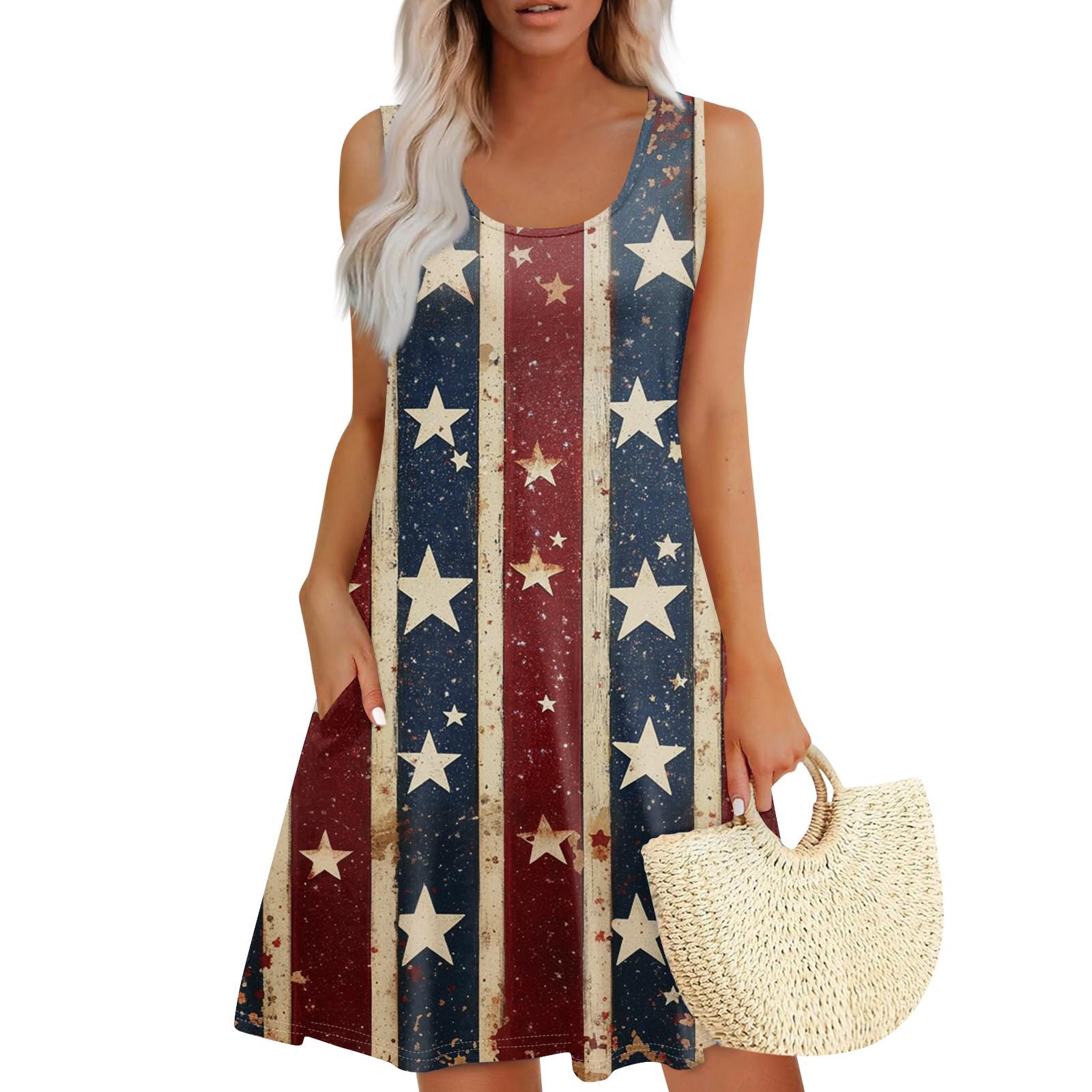 

Женское летнее повседневное платье с квадратным вырезом и принтом «День независимости» Платье без рукавов с карманами M красный