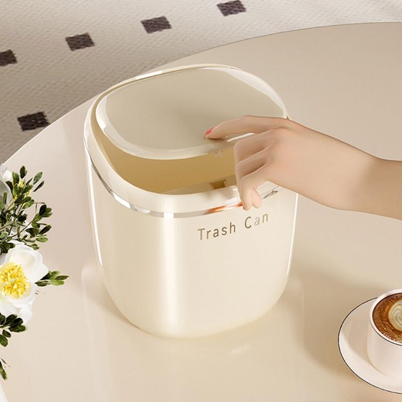 Mini Cream Flips Lid Trash Can Durable Plastic For Desk Organization In Dorm And Office With Space Saving