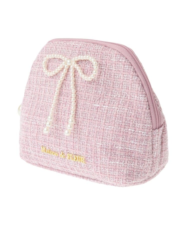De Apparel Pink Tweed Pearl Ribbon Round Pouch for Pink [Maison Fleur] Women,