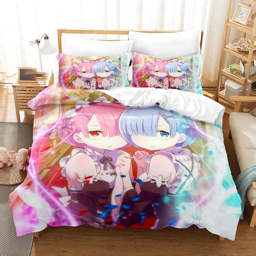 3D Gedrucktes Anime Re Zero Rem Ram Emilia Bettwäscheset Jungen Mädchen Einzelbett Queen-Size Bettbezug Kissenbezug Bett Kinder Erwachsene