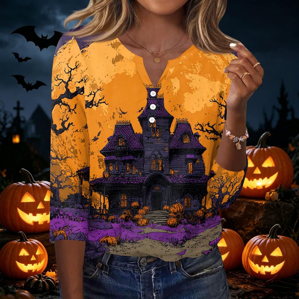 Women's Casual Halloween Print V Neck Button Front Three Quarter Sleeve T Shirt Top Lightweight Comfortable Fit for Everyday Wear
