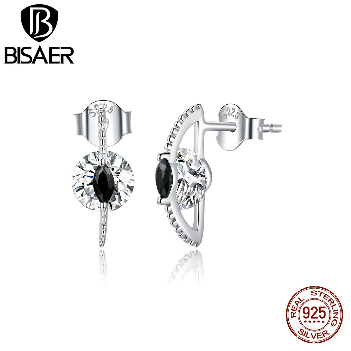 

Гипоаллергенные серьги BISAER из стерлингового серебра 925 пробы, простые циркониевые черные и белые женские пряжки для ушей 925 silver