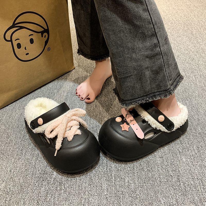 Baogen waterproof indoor warm and velvet two wear hole shoes for home comfort women's cotton slippers 2025 autumn and winter new models