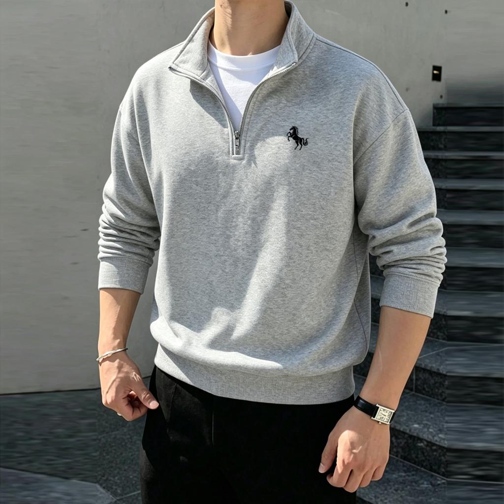 Men's stand-up collar quarter-zip hoodie with soft fleece lining and long sleeves-relaxed fit-a versatile,warm top suitable for both work and sports