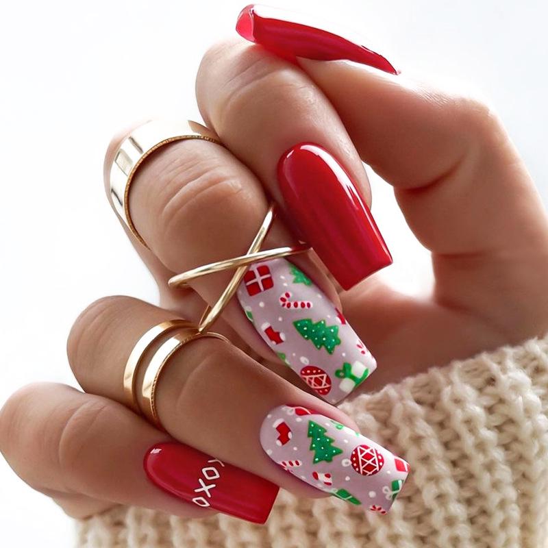 

24-Piece Red Santa Hat Candy Press-On Christmas Nails