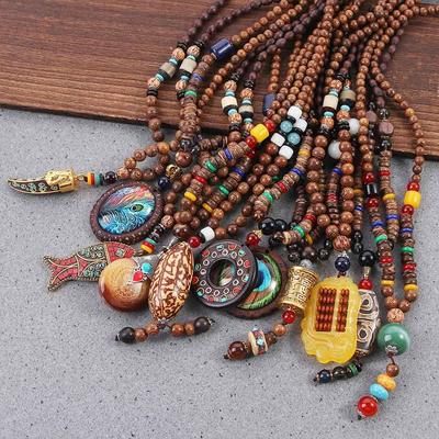 Ethnic Fish Buddhist Mala Nepal Jewelry Wood Beads Long Necklace Pendant Necklace