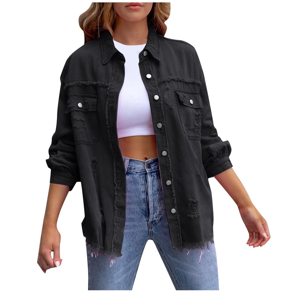 Womens Denim Jacket Button Down Shirts Distressed Frayed Coat  With Pockets