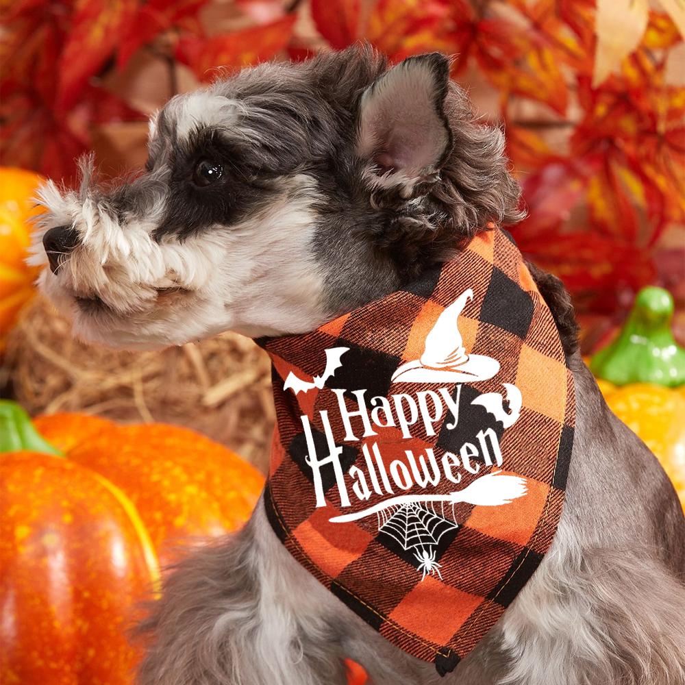 Happy Halloween Dog Bandanas Classic Plaid Fall Holiday Pet Bandanas Scarf Triangle Bibs Kerchief Gift Decoration for Dog Cat
