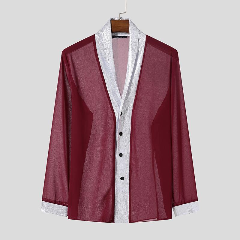 INCERUN მამაკაცის გრძელმკლავიანი ბრჭყვიალა პაჩვორკის გამჭვირვალე მაისურები, ბადის გამჭვირვალე ტოპები