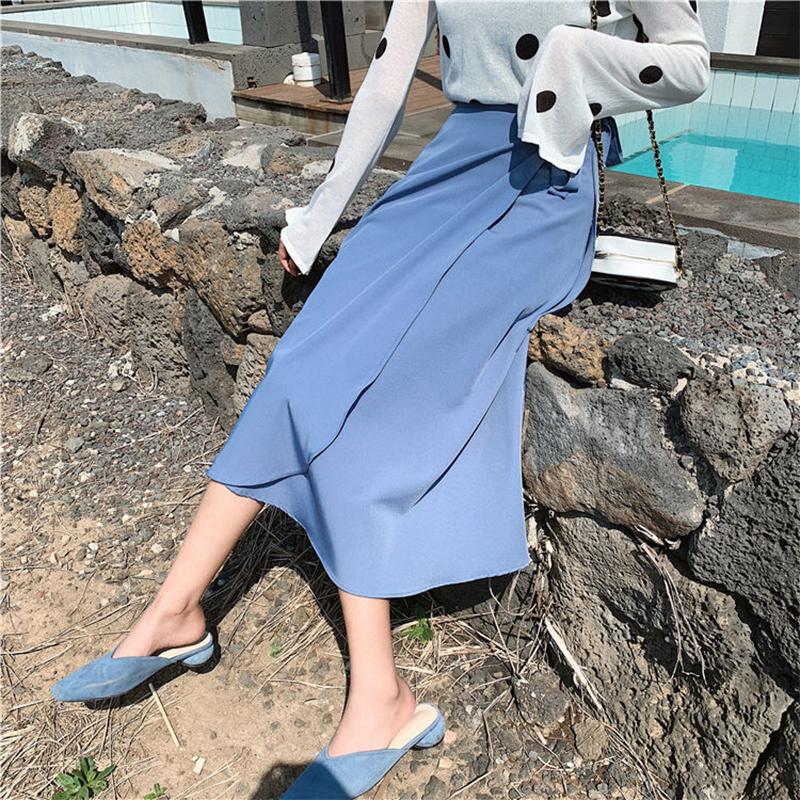 Summer Elegant Stain Women A-Line Long Skirts Side Split High Waist Fashionable Umbrella Beach Female Skirts