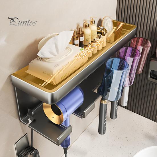 Hair Dryer Holder with Toothbrush Toothpaste Organizer Strong Load-bearing Easy To Install Wall Mount Blower Holder Shelf