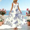 Women's Bohemian Sleeveless Floral Flowy Maxi Dress Fresh Blue & White Comfort Fabric for Beach Vacation Daily Wear Spring Autumn Layering