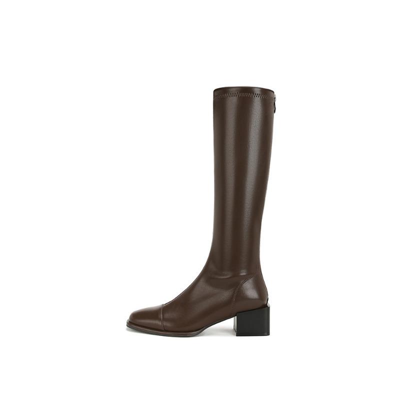 Cowhide~ Two versions of square head rear zipper thick heel elastic high boots women's thin short boots