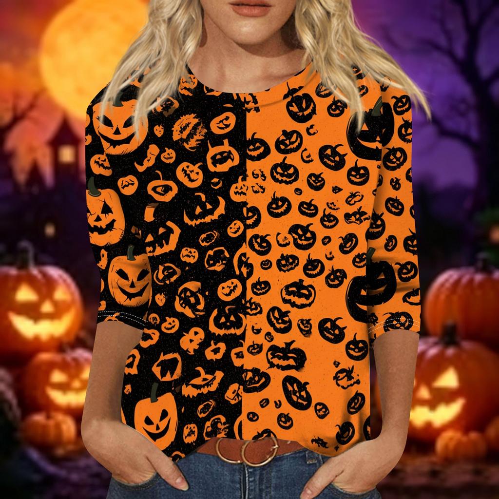 Women's Casual Halloween Print 3/4 Sleeve Round Neck Top for Holiday Party