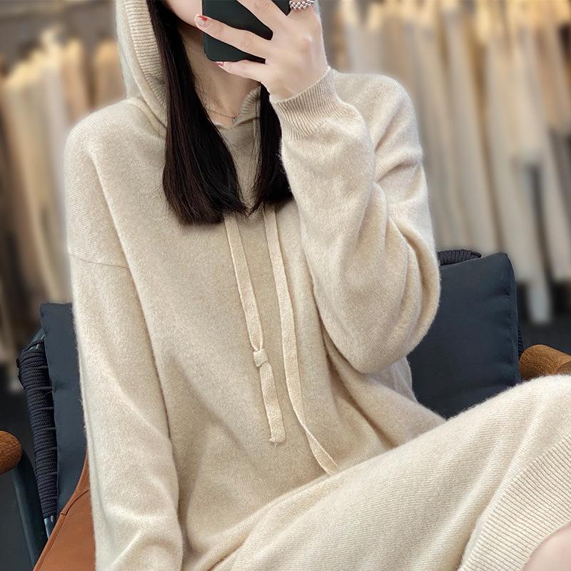 

Женское вязаное платье-свитер с капюшоном длиной до колена - Повседневный осенне-зимний свободный крой M 95-115 lbs