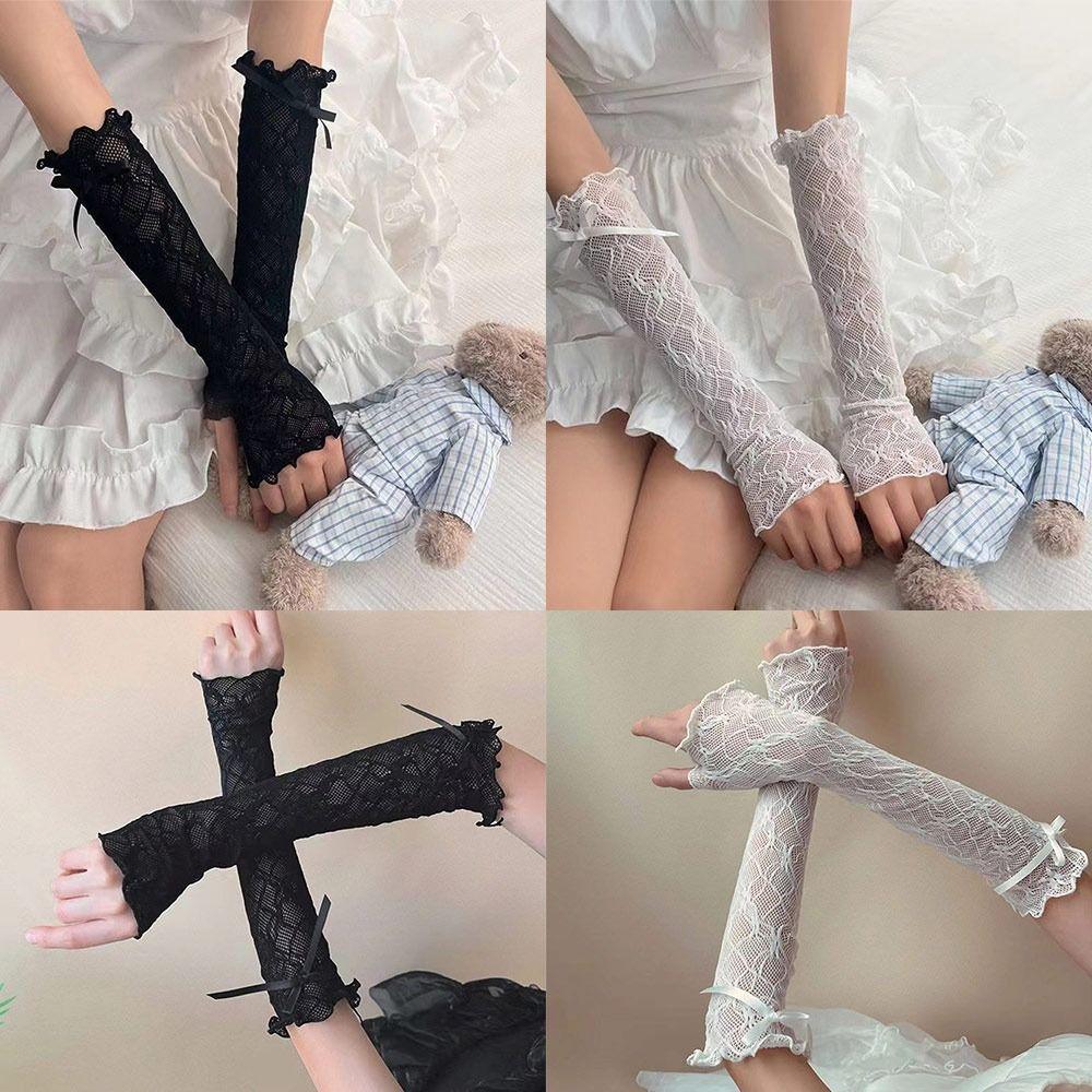 Black White Y2k Fingerless Mittens Lace Ruffle Arm Warmers Punk Lolita Lace Gloves  Women Girls