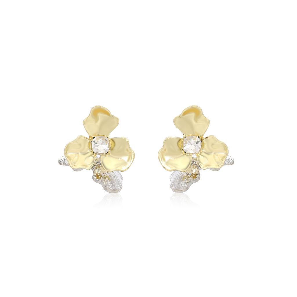 Retro Simple Color Matching Zircon Diamond Flower Earrings, Light Luxury High-End Metal Style Fashion Temperament Stud Earrings Women