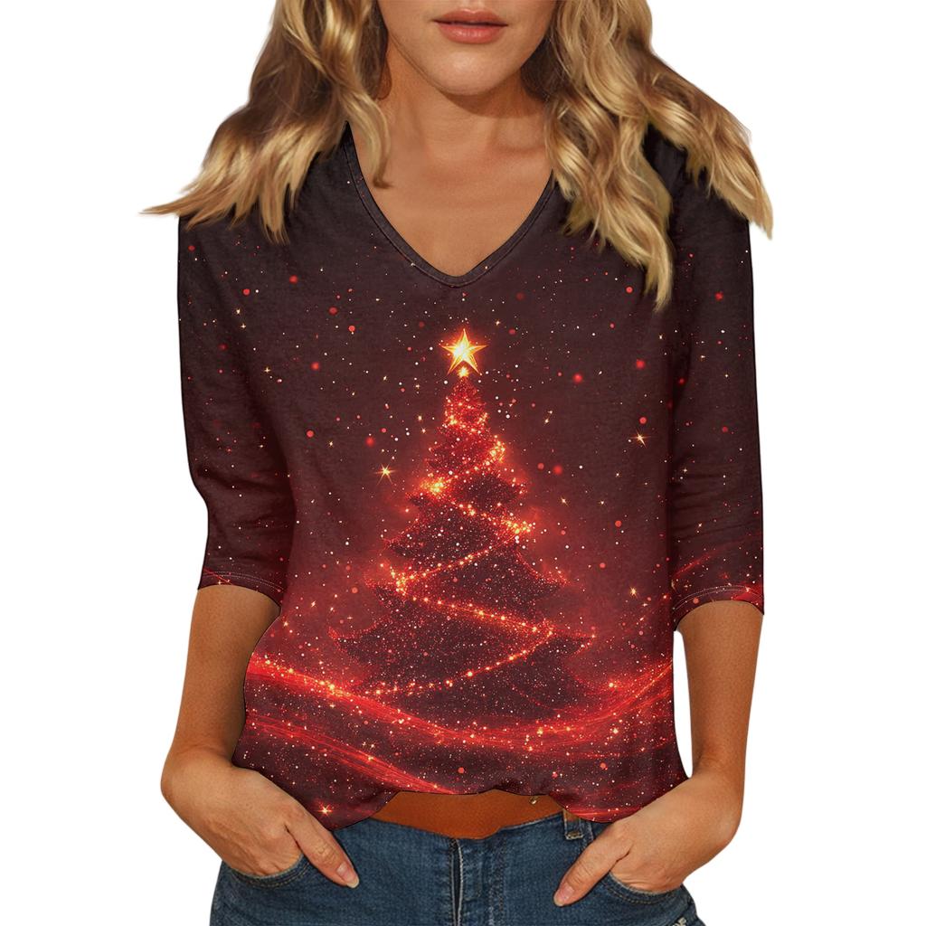 Women's Casual Fashionable Sexy Comfortable V-Neck Christmas Three-Quarter Sleeve Top