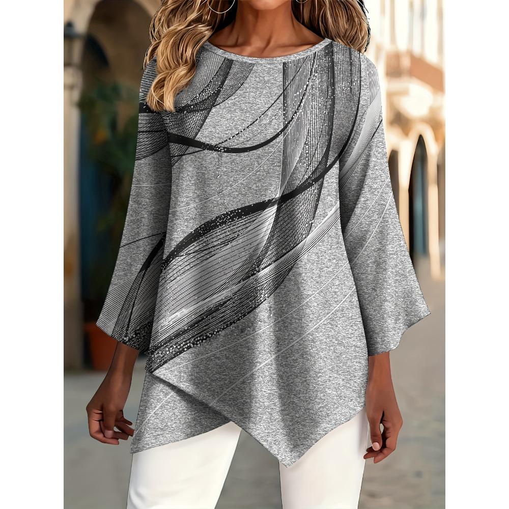 Large size women's clothing comfortable and breathable casual T-shirt, abstract line printing round neck seven