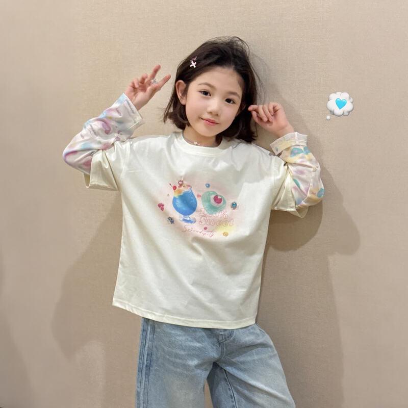 SEVEN BOBI Girls' Spliced Fake Two-Piece Long-Sleeve T-Shirt