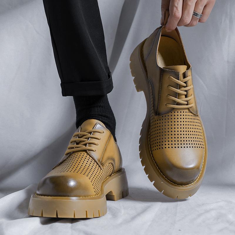 Fashion Summer New Platform Breathable Oxford Shoes Men's Loose Leather Shoes Hollow Thick Sole Formal Dress High Quality Men's Shoes