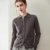 Women's 100% Cashmere Polo Collar Cardigan - Solid Color Knitwear with Pockets