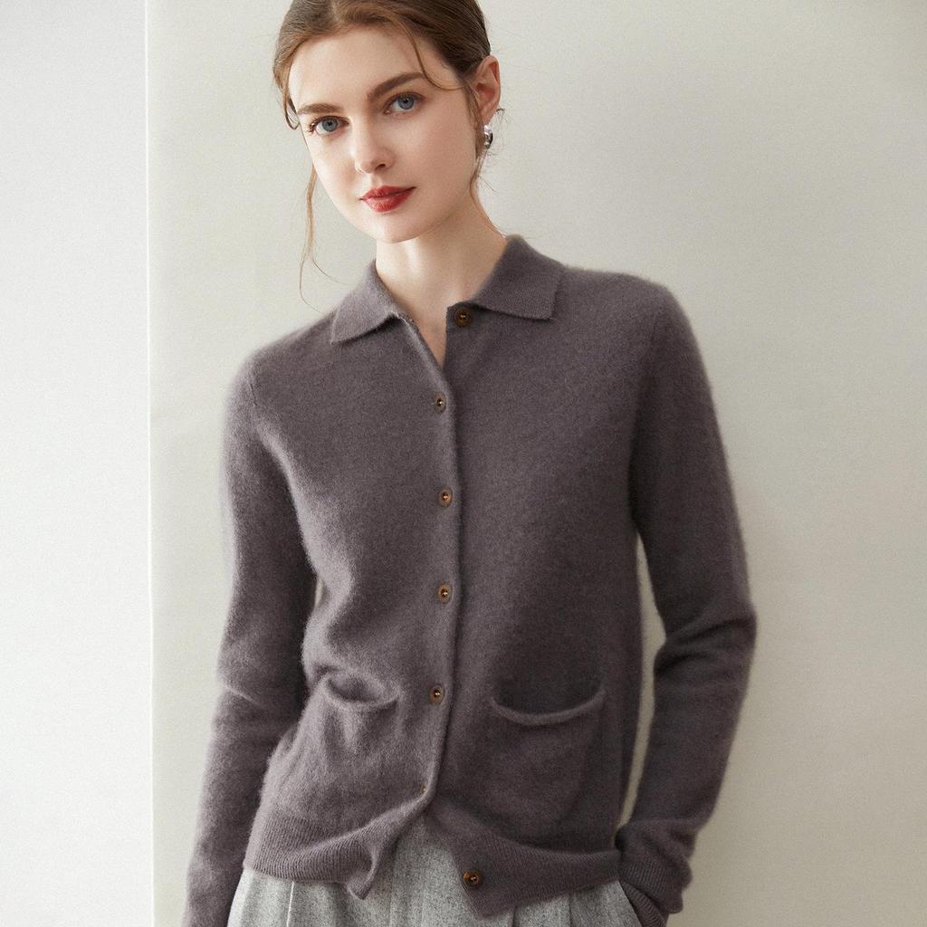 Women's 100% Cashmere Polo Collar Cardigan - Solid Color Knitwear with Pockets
