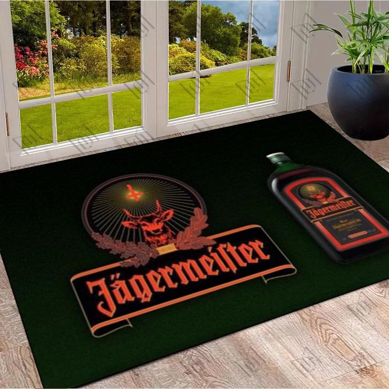 Jagermeister Logo Cervo Emblema Bottiglia di Liquore Area di Stampa Verde Scuro Tappeto Tappeto Rettangolare Antiscivolo Stile Bar Man Cave Stanza dei Giochi Tappeto per Arredamento Casa