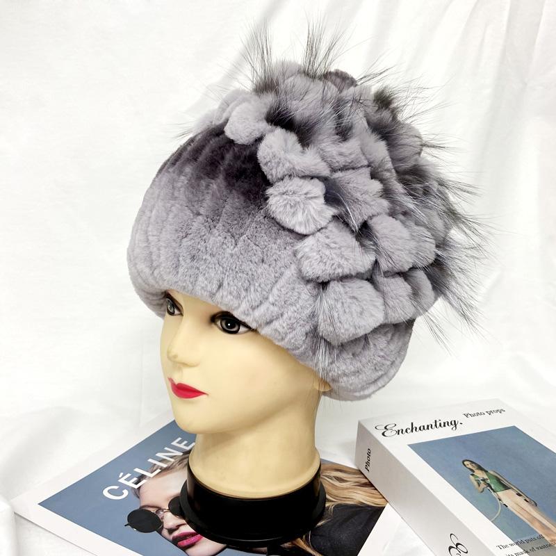 New Natural Rabbit Fur Hats for Women Striped Floral Fox Fur Beanies Female Winter Warm Knitted Outdoor Thick Snow Caps Beanies