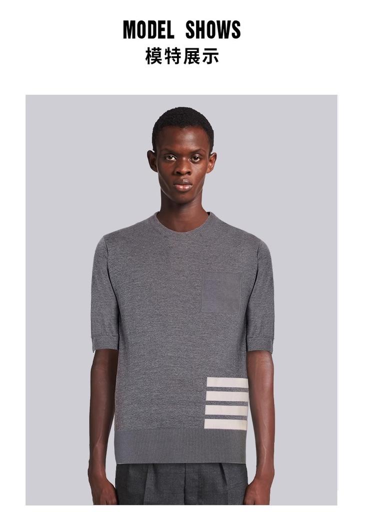 TB Unisex Summer T-Shirt Round Neck Versatile Classic Four Bar Knit Sweater Casual Base Top with Half Sleeves